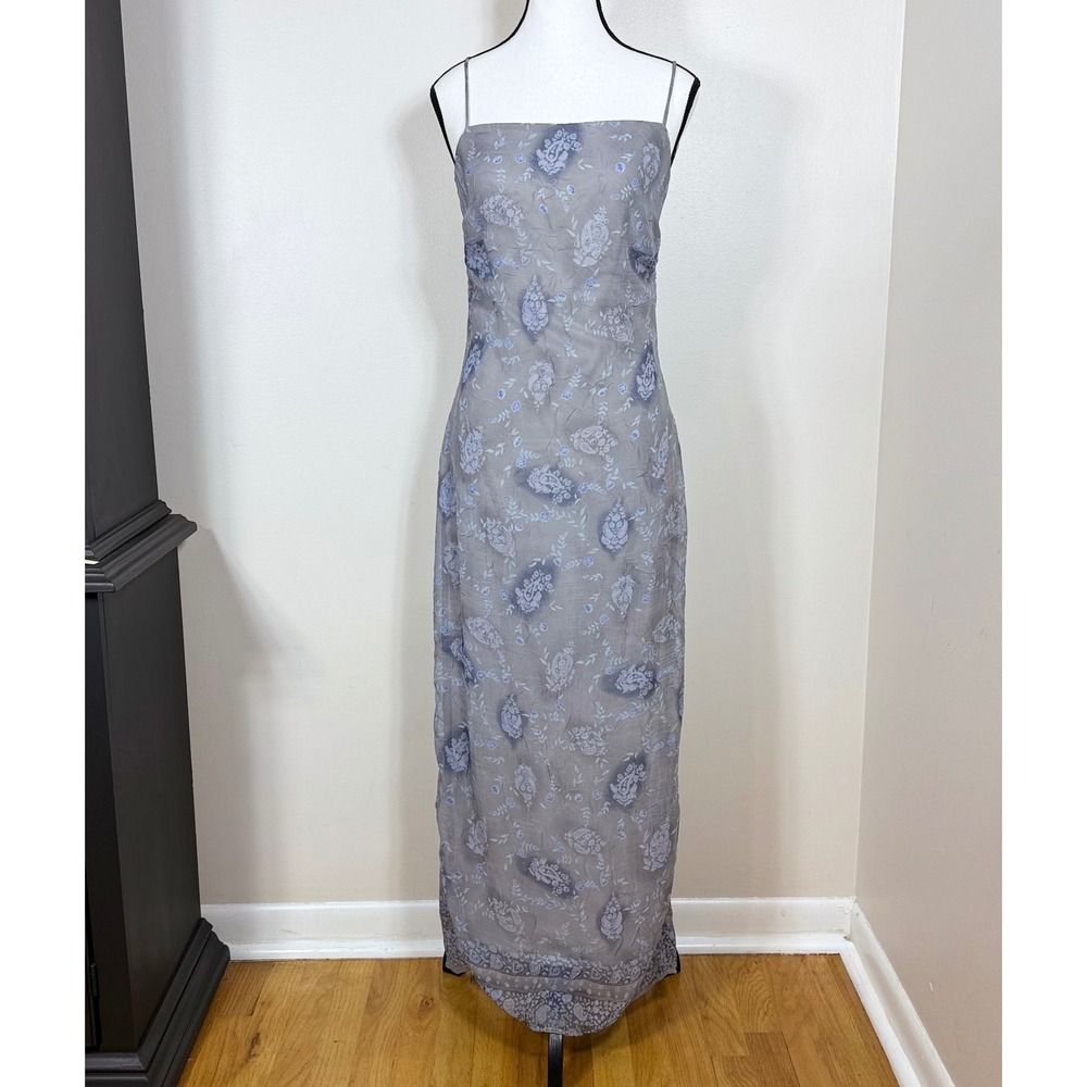 Vintage 90s Y2K Maxi Slip Dress 5 Gray Blue Hoco Paisley Ethereal Homecoming